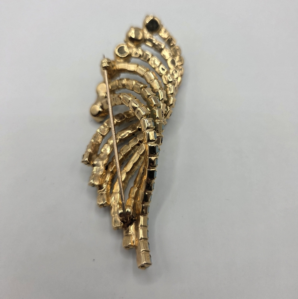 VTG 1960s Blue & Gold AB Rhinestone Wave/Swirl Brooch And Clip Earrings UNSIGNED - Picture 5 of 12